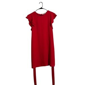 LOFT Red Ruffle Cap Sleeve Shift Dress with Tie Waist Women's Size Small